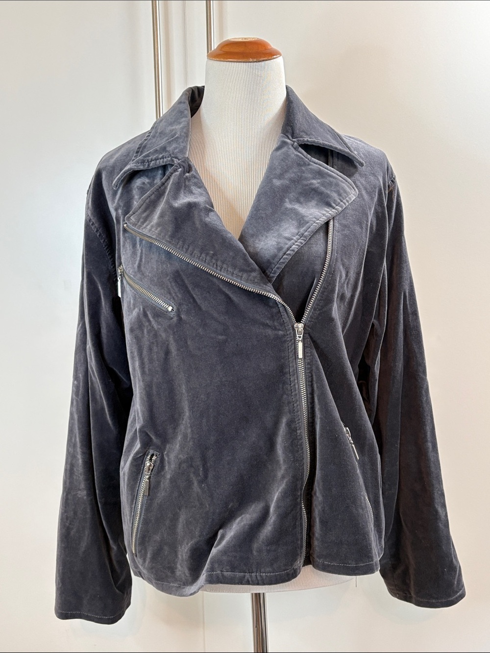 D2 by Diane von Furstenberg Gray Velour Moto Jacket | Asymmetrical Zip | XL